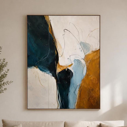 Quadro astratto moderno blu petrolio e ocra: stampa artistica da parete