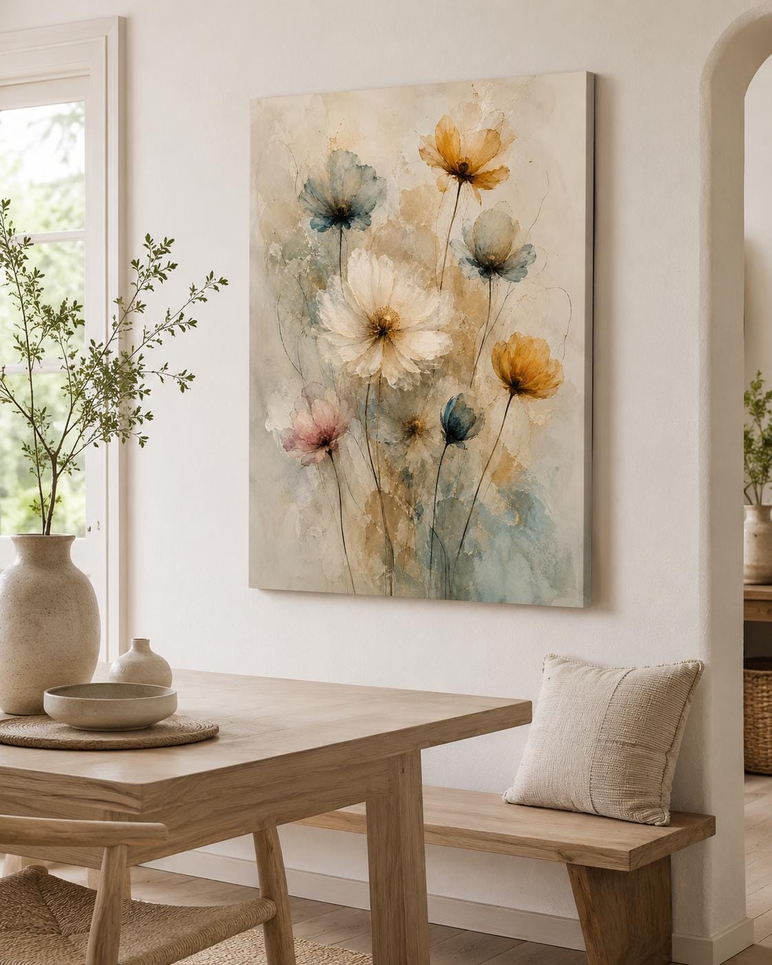 Quadro floreale acquerello beige e azzurro: vista 6 del prodotto
