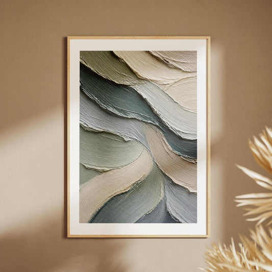 Quadro astratto materico verde salvia e beige: stampa artistica da parete