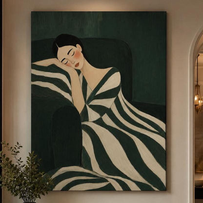 Donna Addormentata in Abito a Righe: stampa artistica da parete