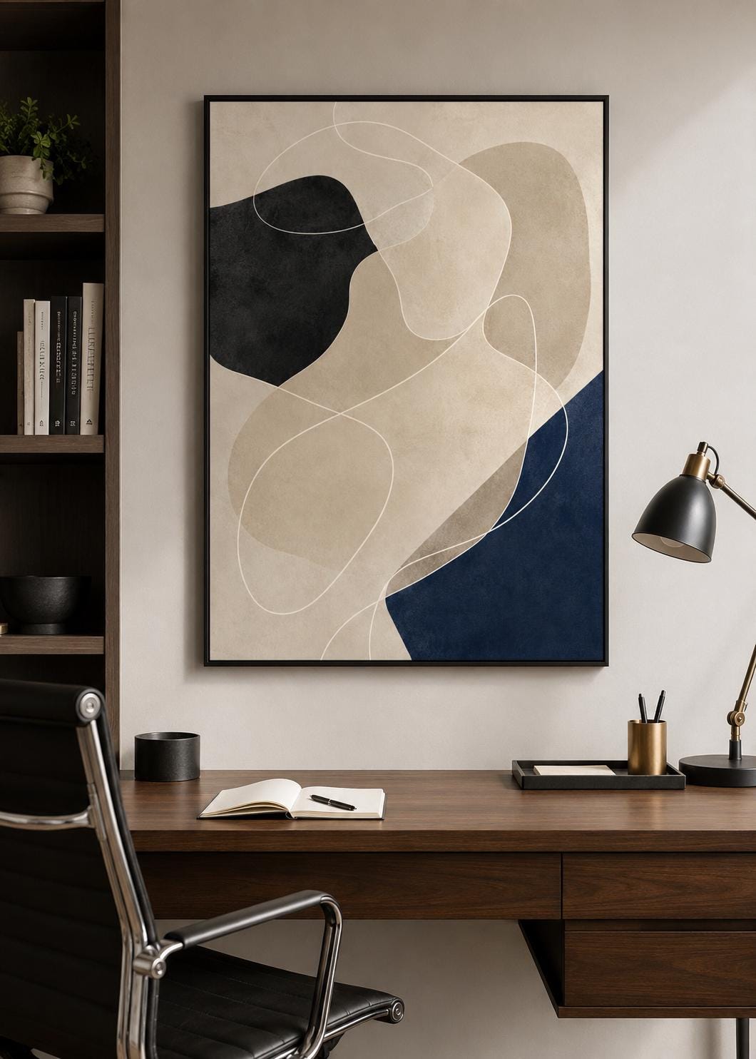 Quadro astratto minimal beige nero e blu: vista 5 del prodotto