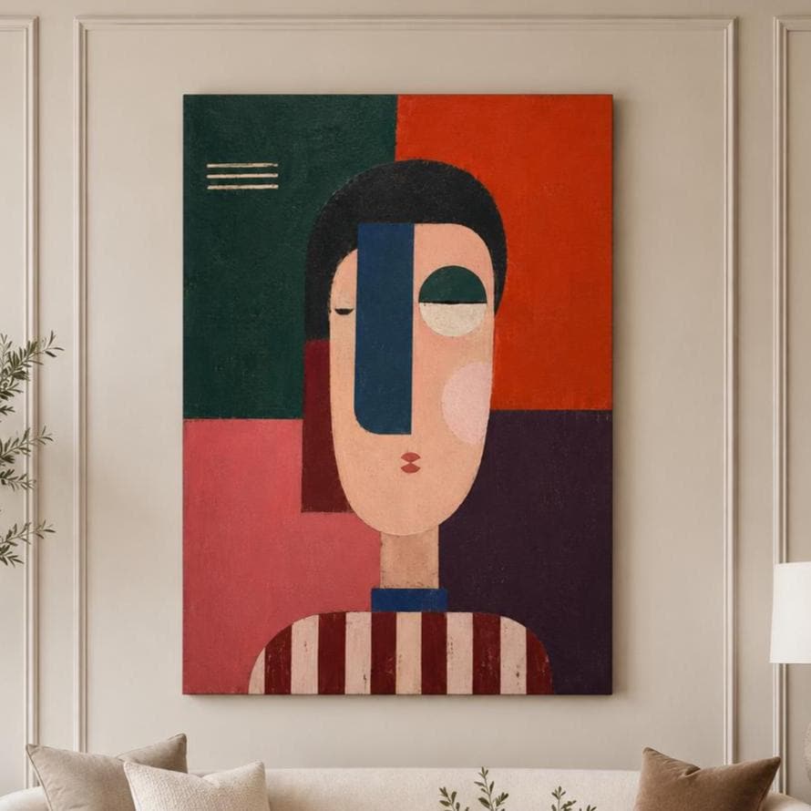 Quadro volto astratto geometrico rosso e verde: stampa artistica da parete