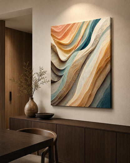 Quadro astratto materico beige, terracotta e azzurro: vista 5 del prodotto