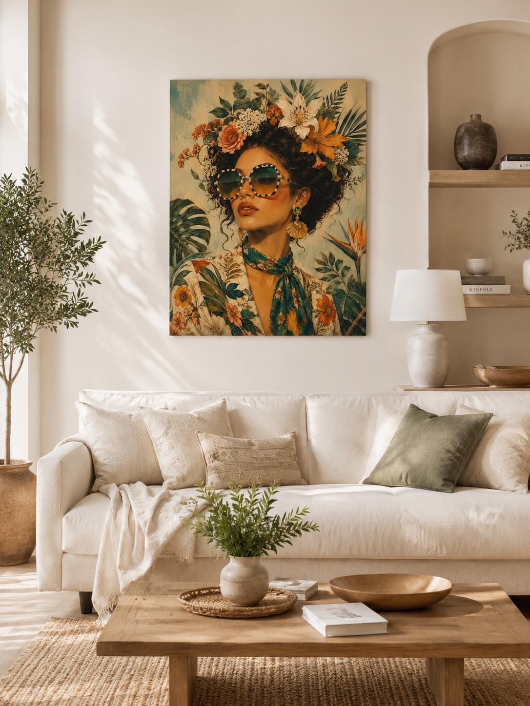 Quadro donna tropicale con fiori e occhiali: vista 5 del prodotto