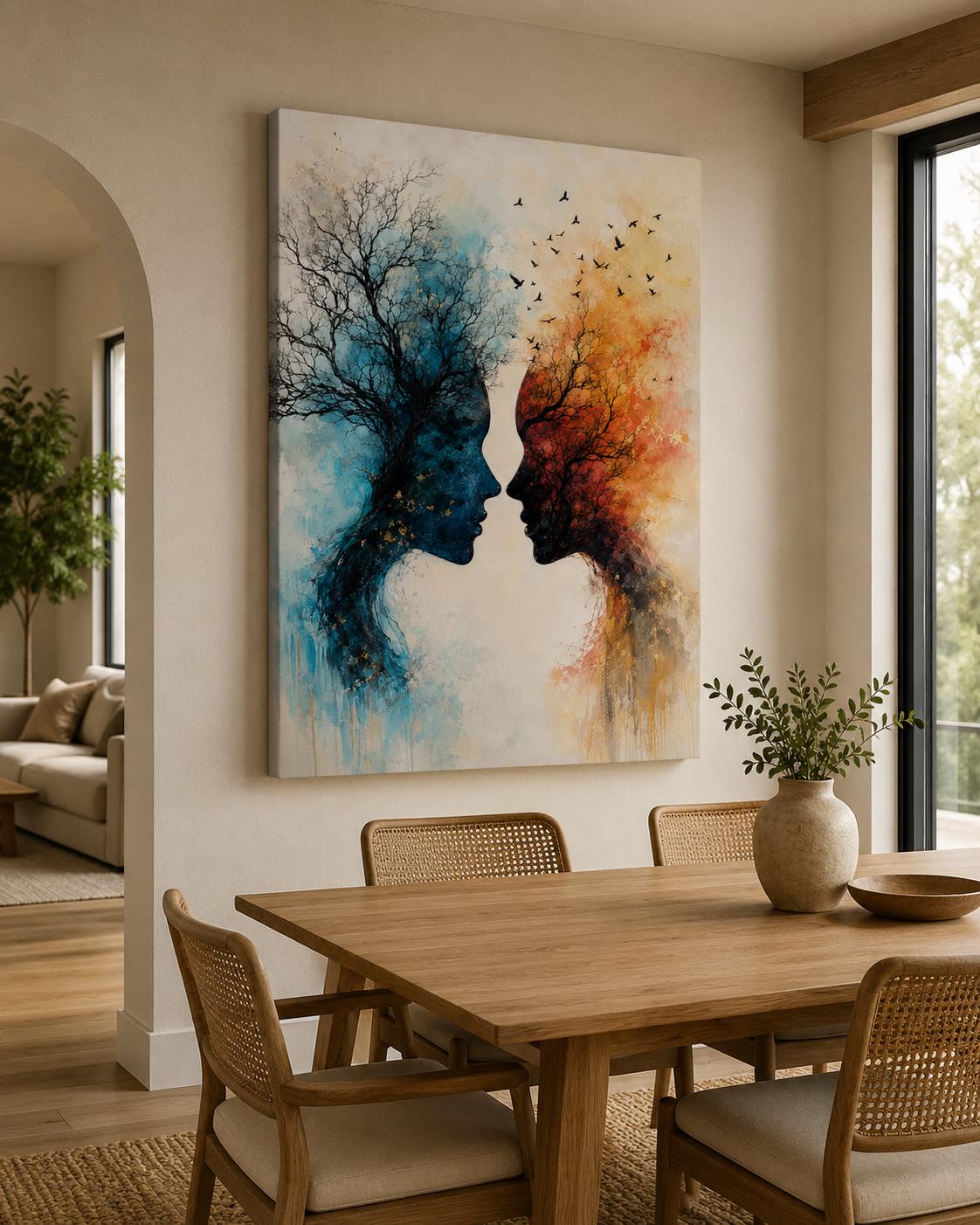Quadro volti astratti blu e arancio: vista 2 del prodotto