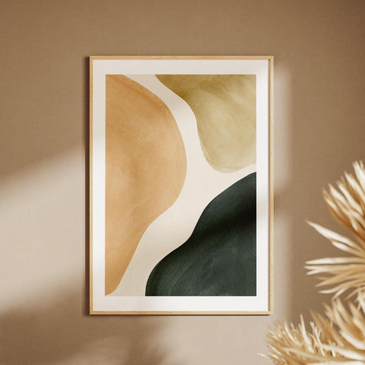 Quadro astratto beige sabbia e verde scuro: stampa artistica da parete