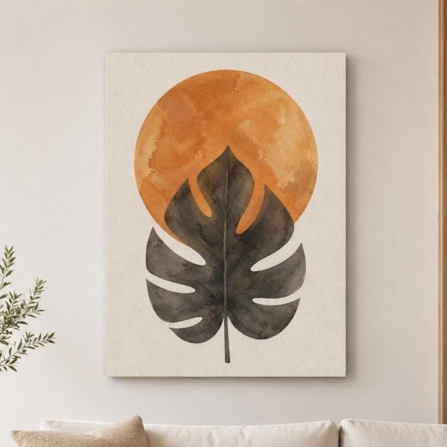 Quadro foglia tropicale con sole terracotta: stampa artistica da parete