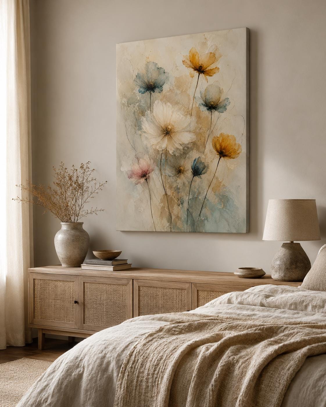 Quadro floreale acquerello beige e azzurro: vista 4 del prodotto