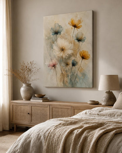 Quadro floreale acquerello beige e azzurro: vista 4 del prodotto