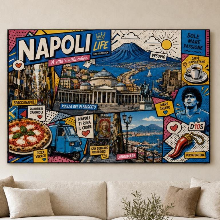 Quadro Napoli Pop Art – Vesuvio e cuore azzurro: stampa artistica da parete