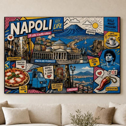 Quadro Napoli Pop Art – Vesuvio e cuore azzurro: stampa artistica da parete