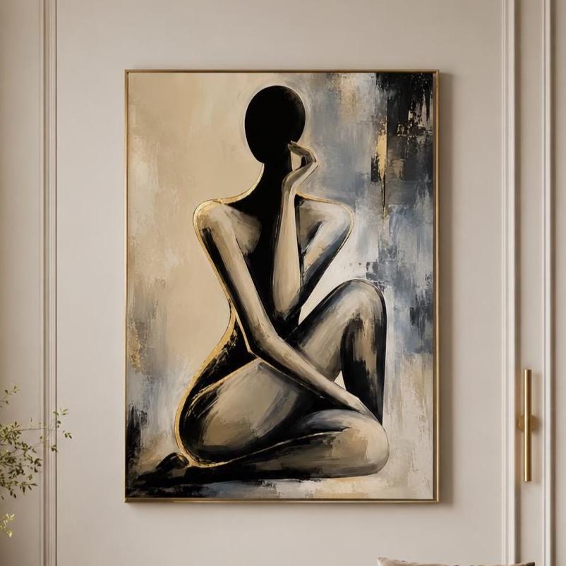 Quadro donna astratta elegante nero e oro: stampa artistica da parete