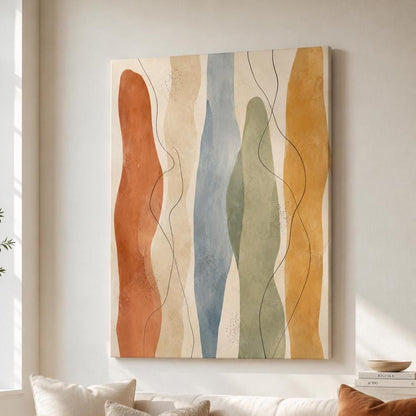 Quadro astratto con onde verticali terracotta, azzurro e verde: stampa artistica da parete