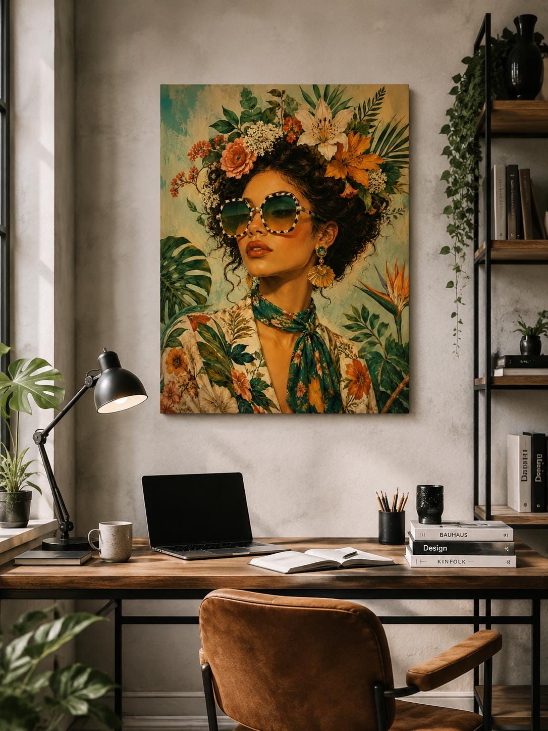 Quadro donna tropicale con fiori e occhiali: vista 2 del prodotto