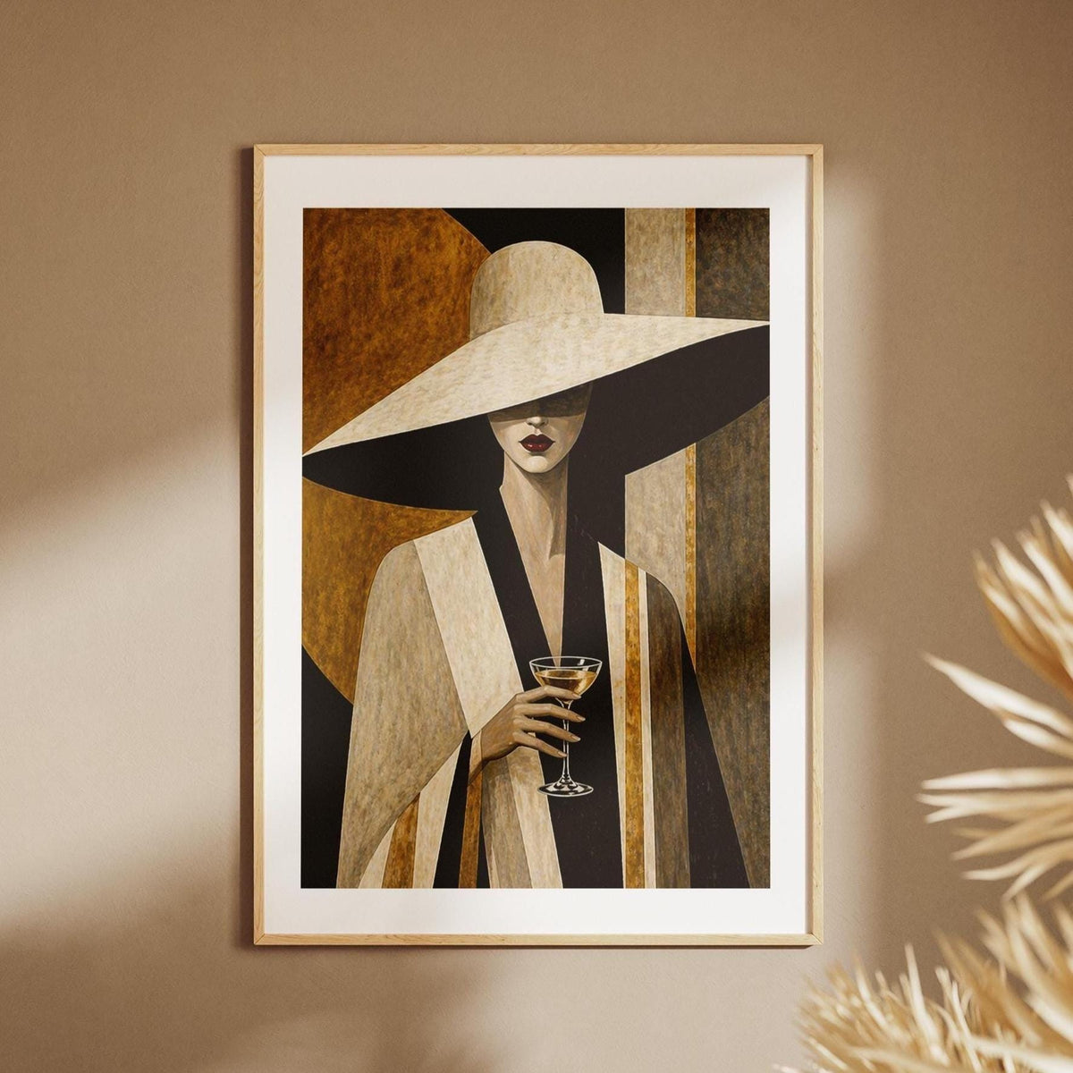 Quadro donna elegante con cappello e calice: stampa artistica da parete