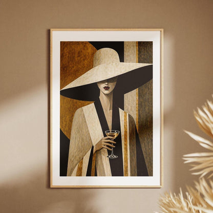 Quadro donna elegante con cappello e calice: stampa artistica da parete