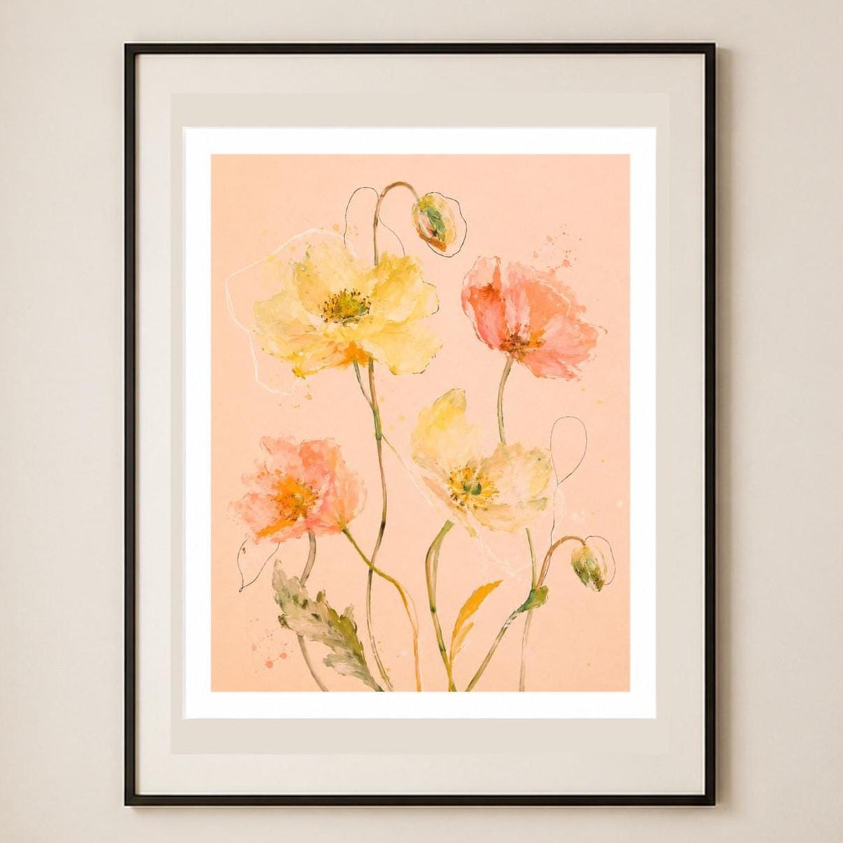 Papaveri color pesca, stampa digitale acquerello botanico