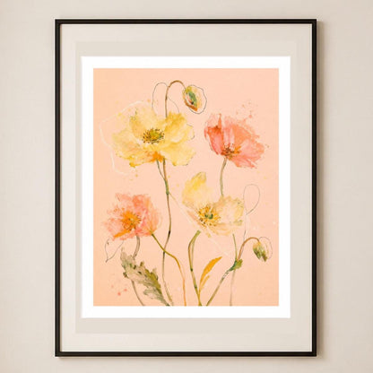Papaveri color pesca, stampa digitale acquerello botanico