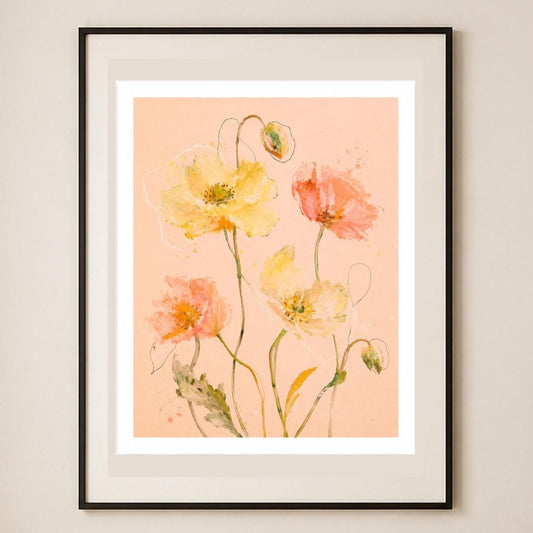 Papaveri color pesca, stampa digitale acquerello botanico