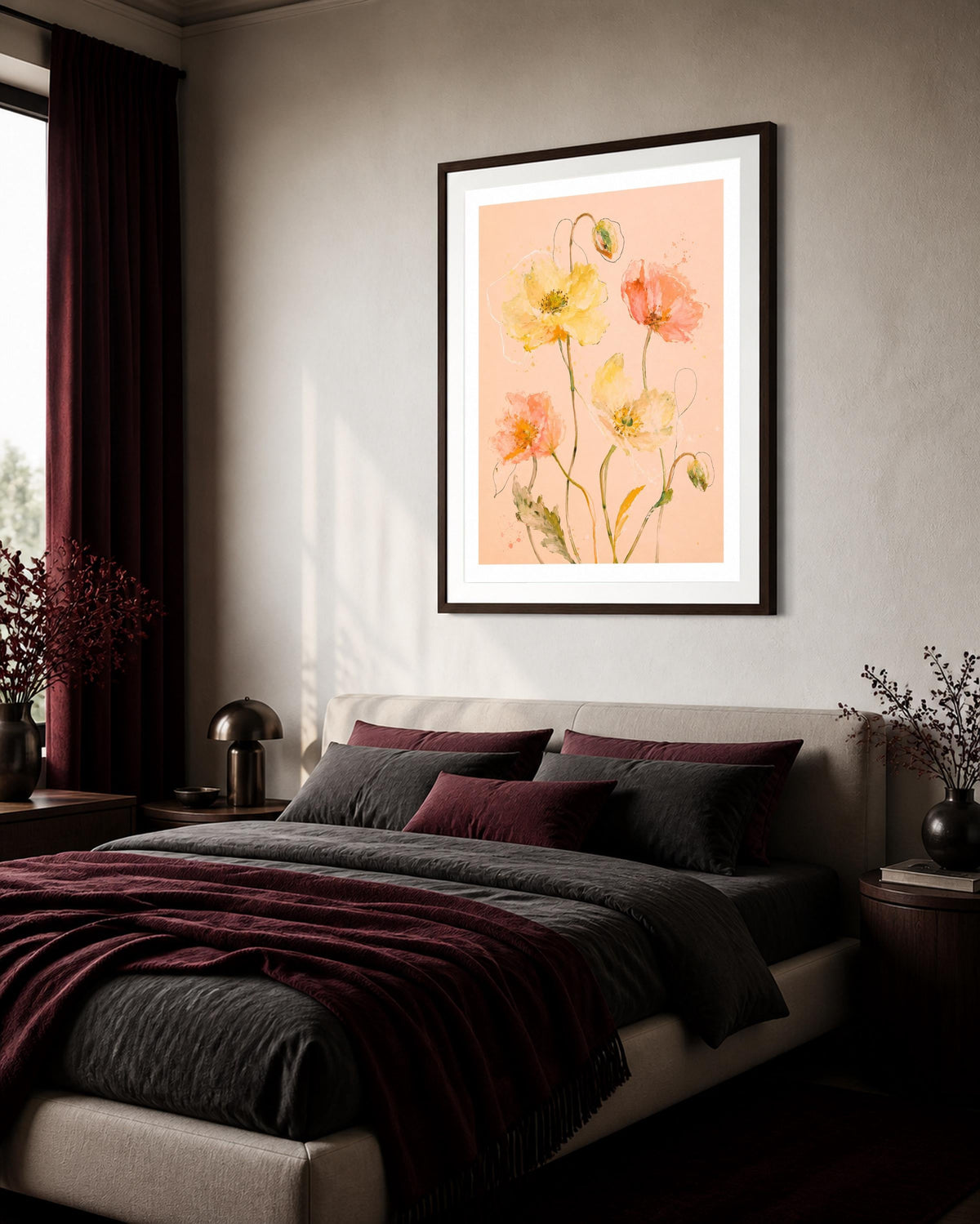 Papaveri color pesca, stampa digitale acquerello botanico
