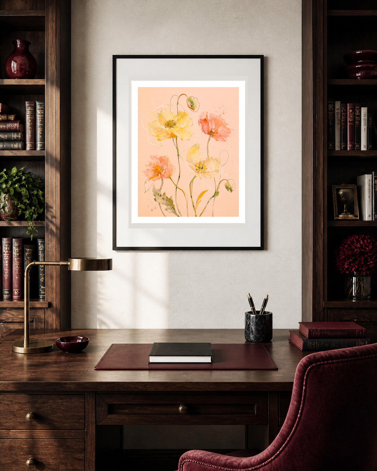 Papaveri color pesca, stampa digitale acquerello botanico