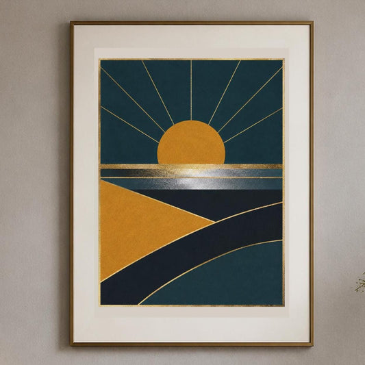 Poster digitale sole geometrico su paesaggio - Orizzonte Deco, file da stampare