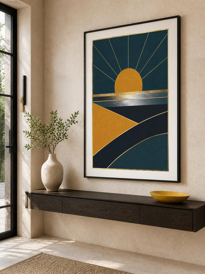 Poster digitale sole geometrico su paesaggio - Orizzonte Deco, file da stampare