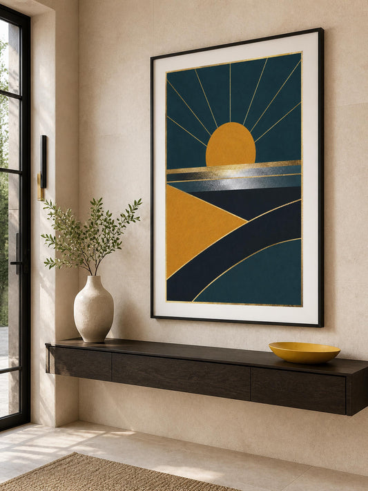 Poster digitale sole geometrico su paesaggio - Orizzonte Deco, file da stampare