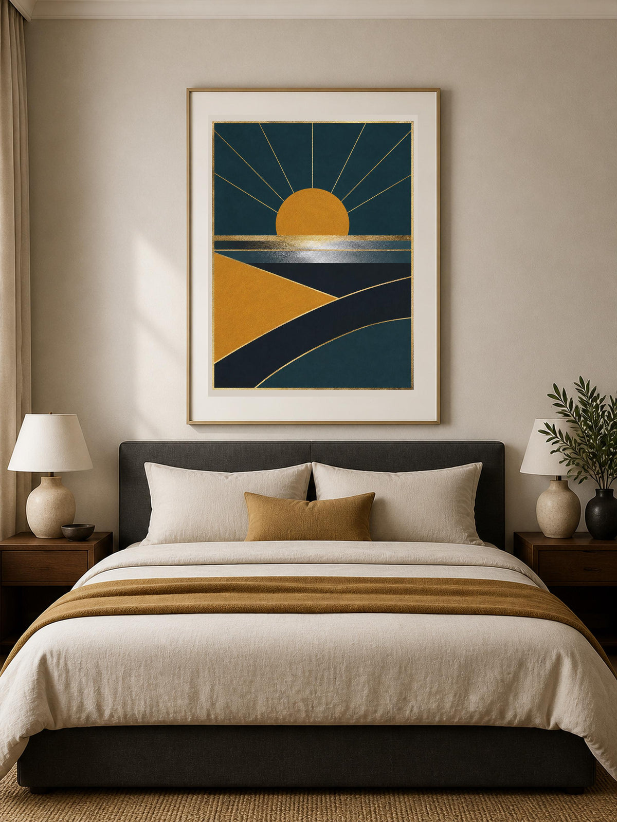 Poster digitale sole geometrico su paesaggio - Orizzonte Deco, file da stampare