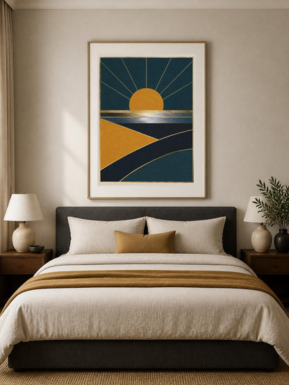 Poster digitale sole geometrico su paesaggio - Orizzonte Deco, file da stampare