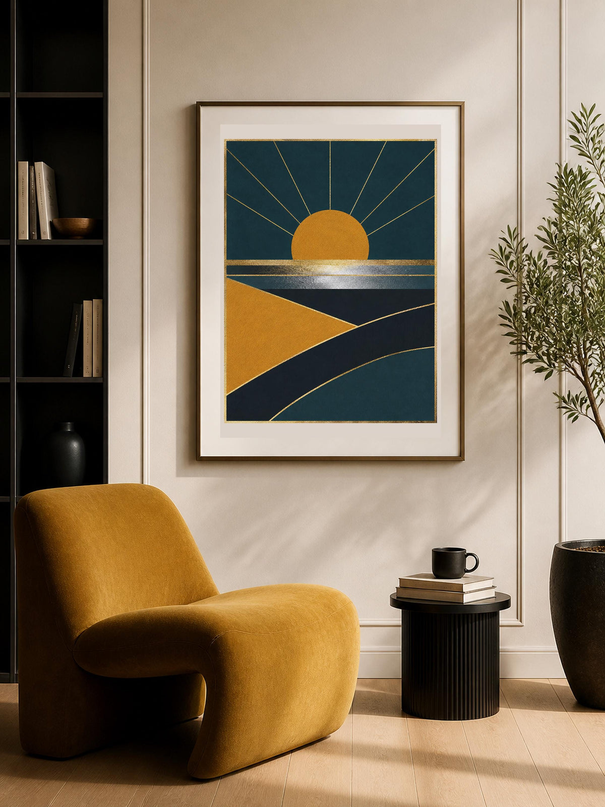 Poster digitale sole geometrico su paesaggio - Orizzonte Deco, file da stampare