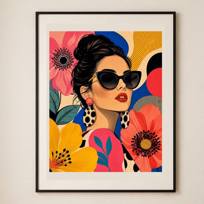Poster digitale ritratto pop con fiori e occhiali - Estate Pop, file da stampare