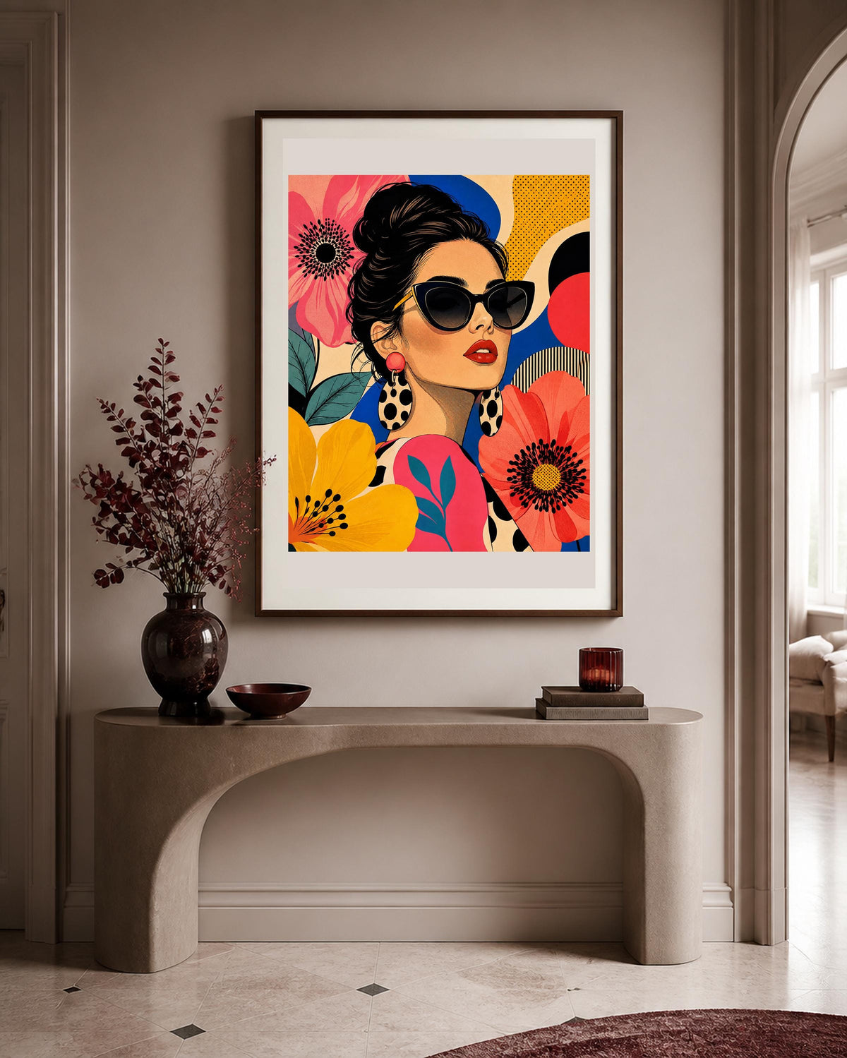 Poster digitale ritratto pop con fiori e occhiali - Estate Pop, file da stampare