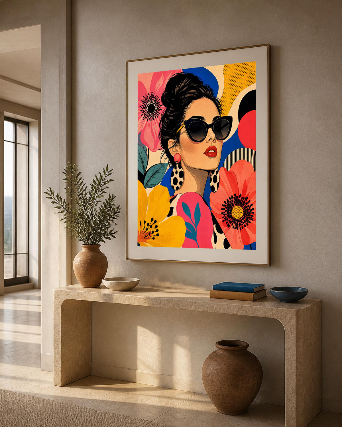 Poster digitale ritratto pop con fiori e occhiali - Estate Pop, file da stampare