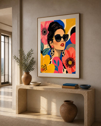 Poster digitale ritratto pop con fiori e occhiali - Estate Pop, file da stampare