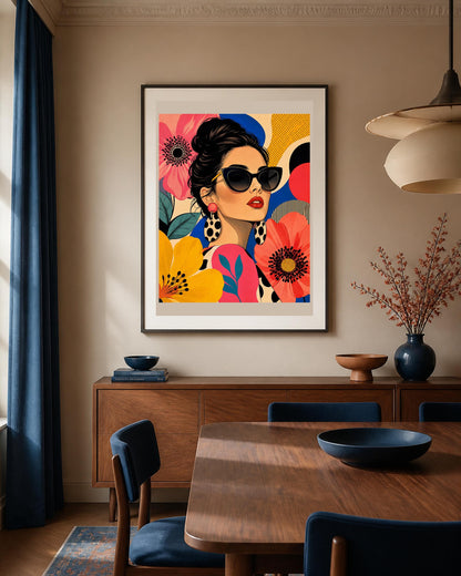 Poster digitale ritratto pop con fiori e occhiali - Estate Pop, file da stampare