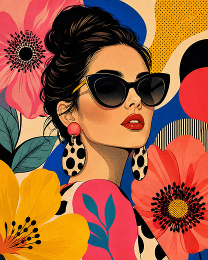 Poster digitale ritratto pop con fiori e occhiali - Estate Pop, file da stampare