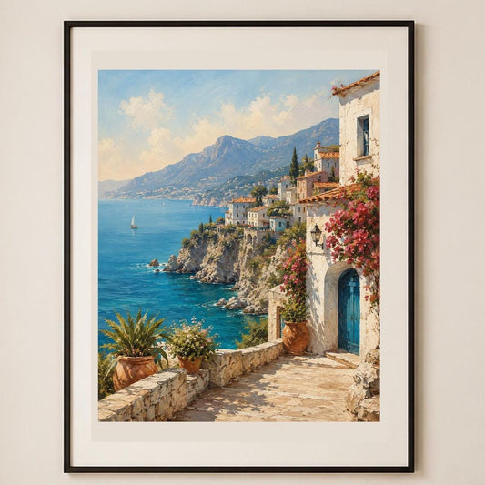 Poster digitale borgo mediterraneo affacciato sul mare - Terrazza sulla Costiera, file da stampare