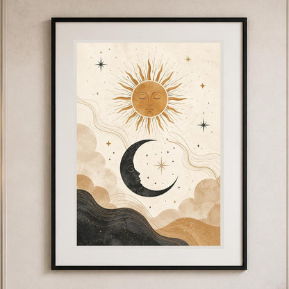 Poster digitale simboli celesti boho - Sole e Luna, file da stampare