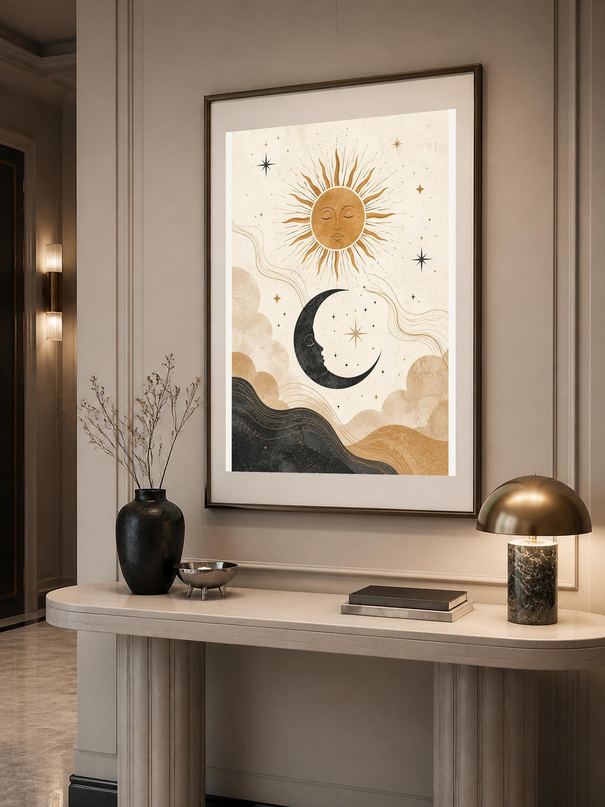 Poster digitale simboli celesti boho - Sole e Luna, file da stampare