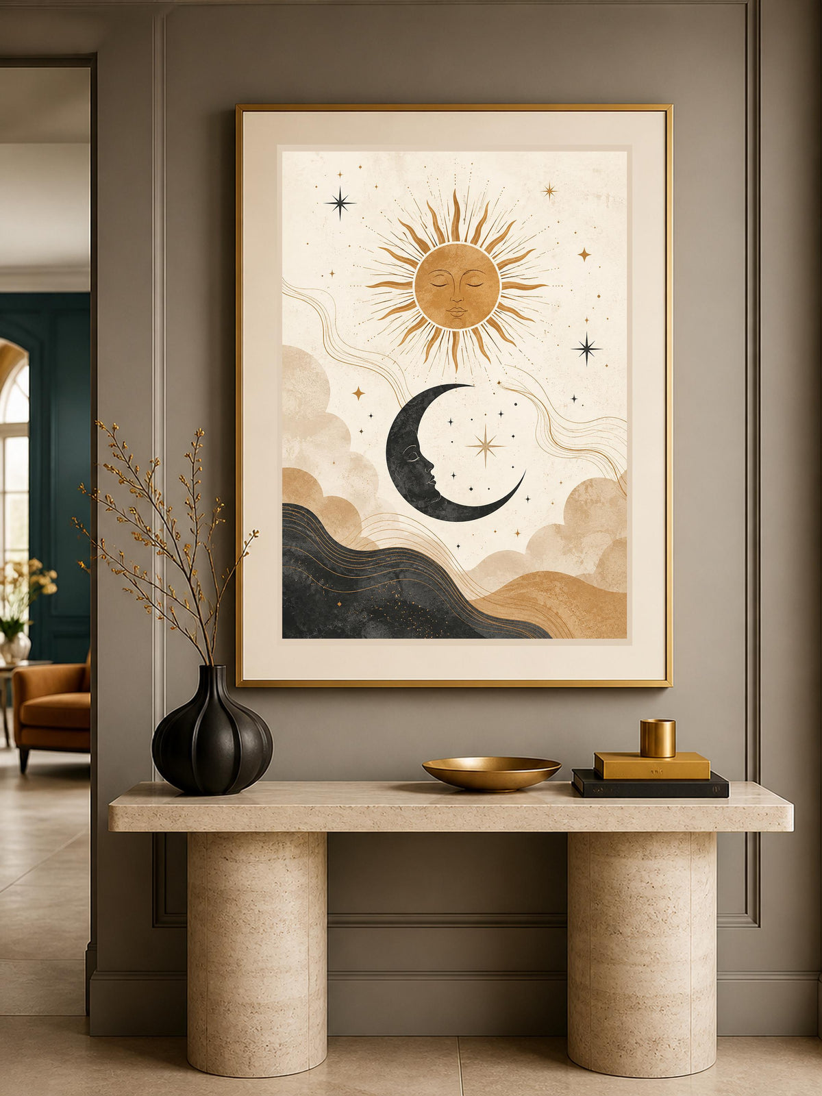 Poster digitale simboli celesti boho - Sole e Luna, file da stampare