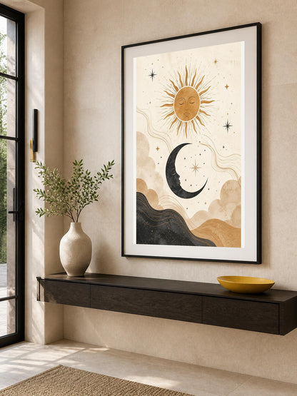 Poster digitale simboli celesti boho - Sole e Luna, file da stampare