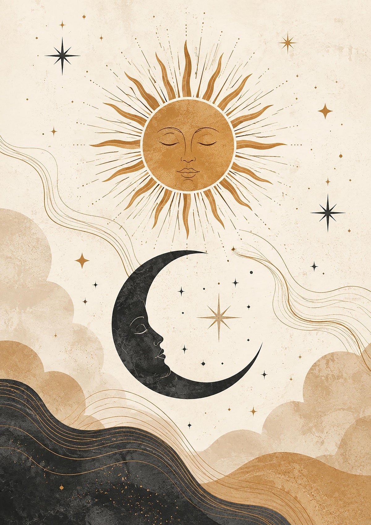 Poster digitale simboli celesti boho - Sole e Luna, file da stampare