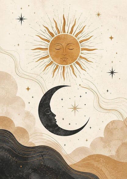 Poster digitale simboli celesti boho - Sole e Luna, file da stampare