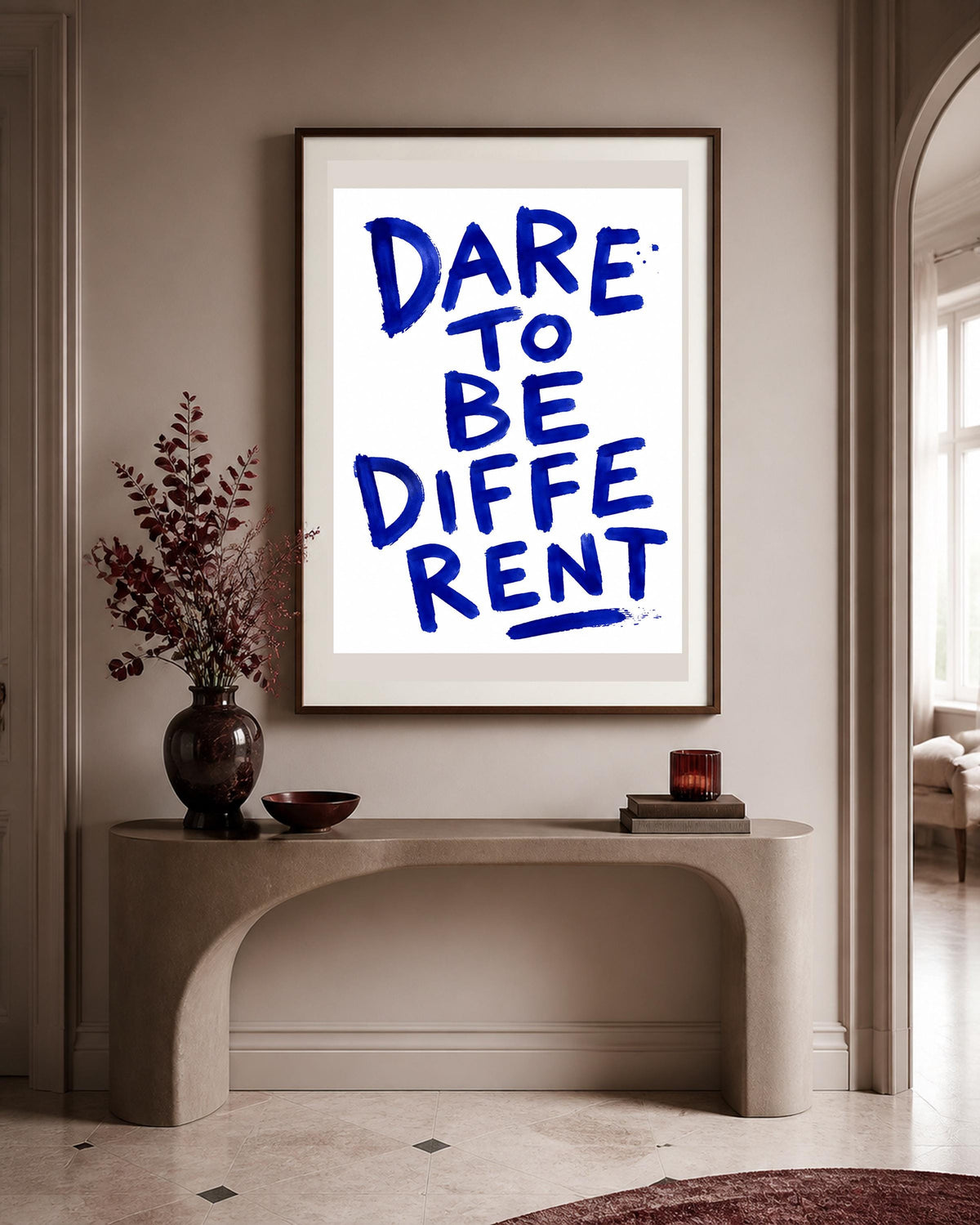Dare to Be Different, poster digitale con testo visibile in inglese, lettering blu da stampare