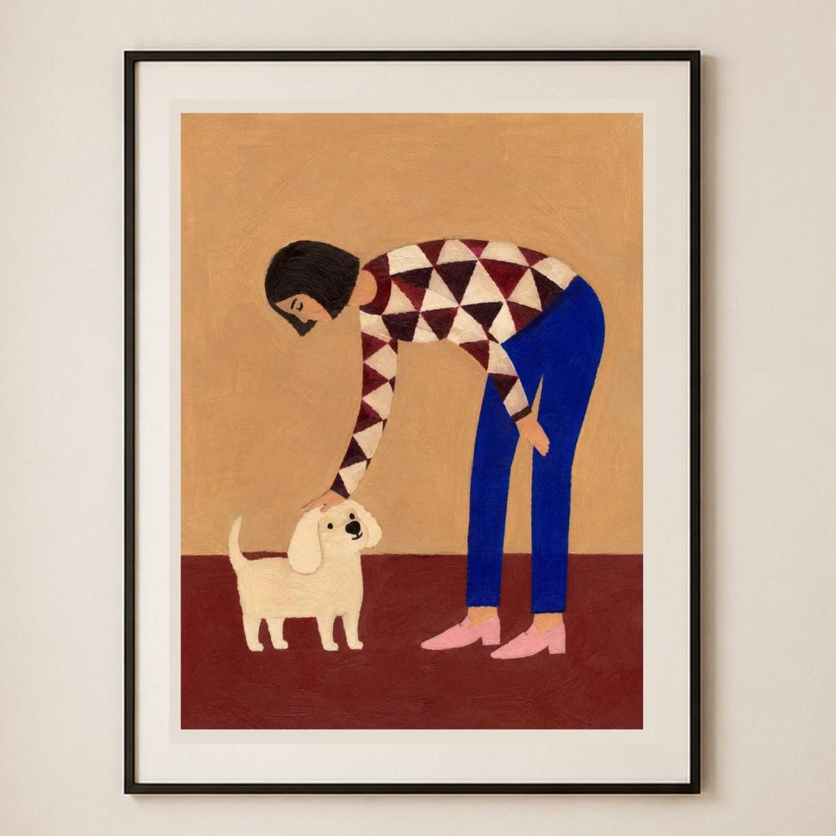 Donna con cane bianco, stampa digitale pittura naïf
