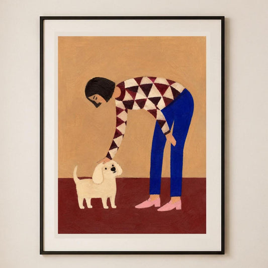 Donna con cane bianco, stampa digitale pittura naïf