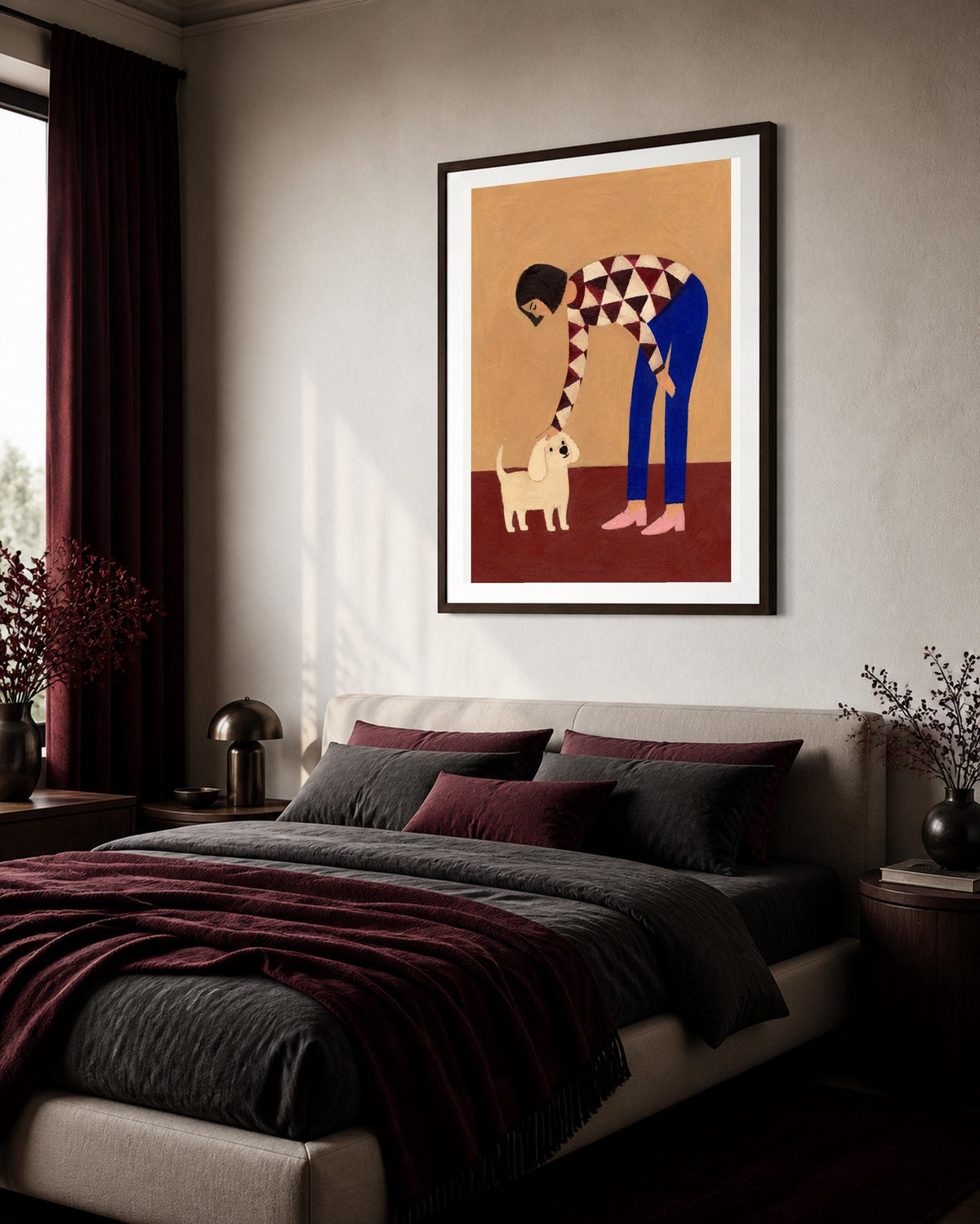 Donna con cane bianco, stampa digitale pittura naïf
