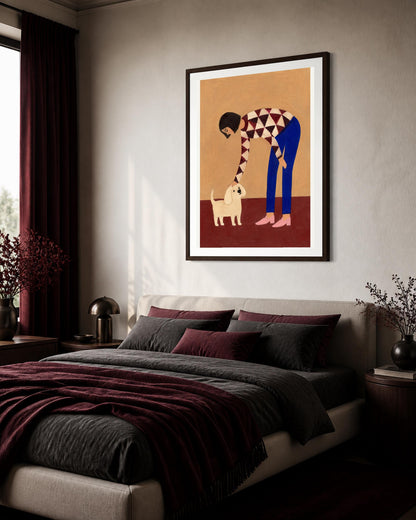 Donna con cane bianco, stampa digitale pittura naïf
