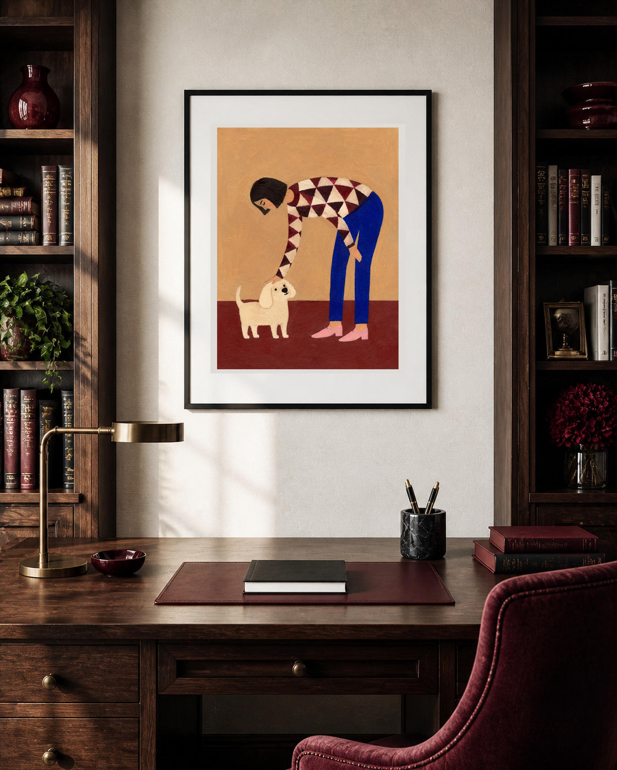 Donna con cane bianco, stampa digitale pittura naïf